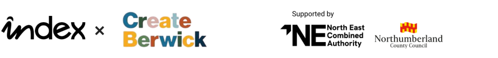 Logo of Index Music, Create Berwick. Supported by North East Combined Authority (logo) and Northumberland County Council (logo).